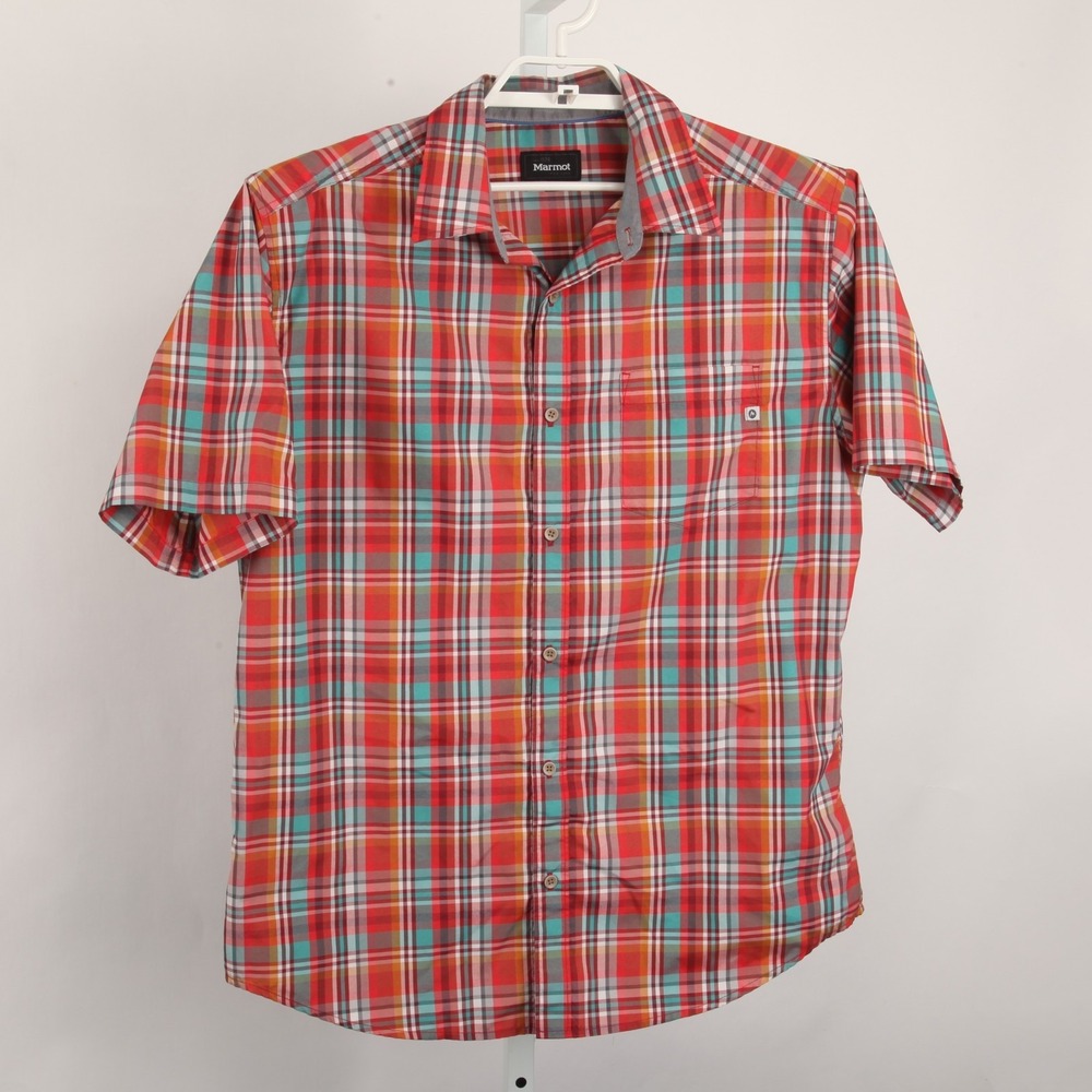 Marmot Men's Large L Short Sleeve Plaid Button-Down Casual Shirt Red Teal - Picture 2 of 12